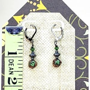 Green & Gunmetal Dangly Earrings,‎ Handmade